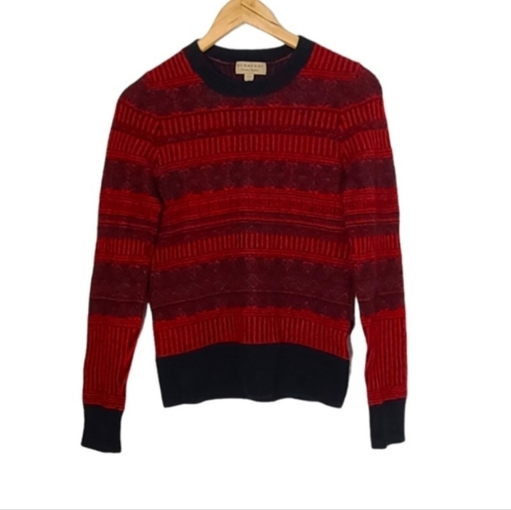 BURBERRY Cashmere Wool Blend Sweater Womens Red & Black Fair Isle Sweater Size S